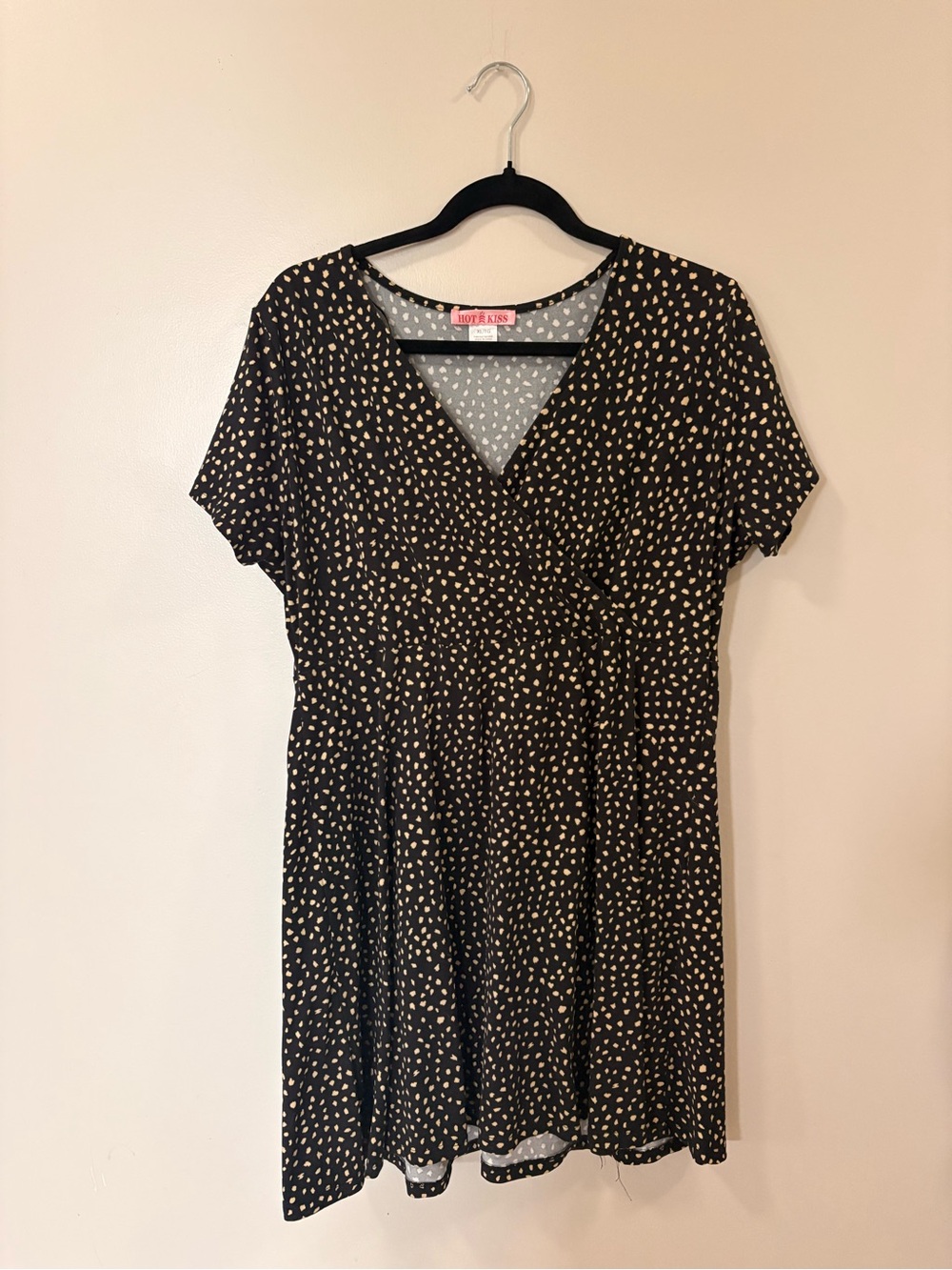 Hot Kiss Black Dress with Cream Dot Print Wrap Style